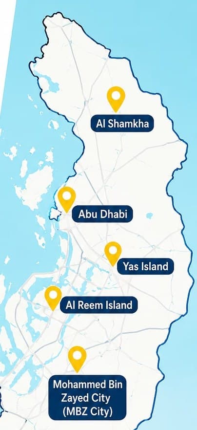 Map of Abu Dhabi showing the areas Swimming Zone Academy covers: Al Shamkha, Abu Dhabi, Yas Island, Al Reem Island and Mohammed Bin Zayed City